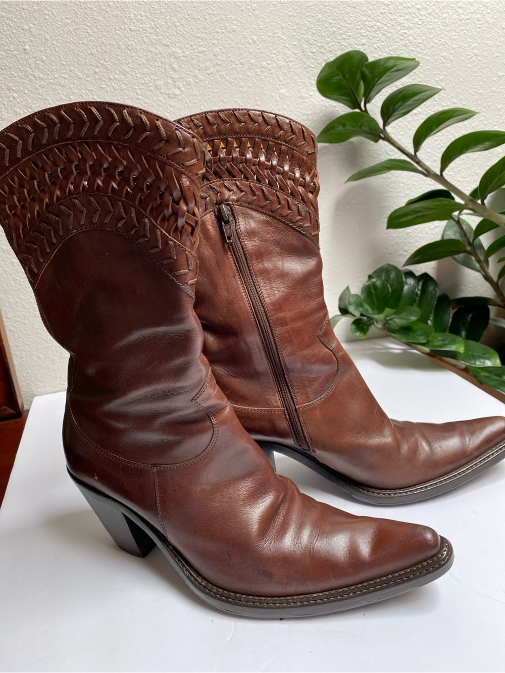 Sartore Chestnut Braided Mid-Calf Leather Heeled Boots 3” heels